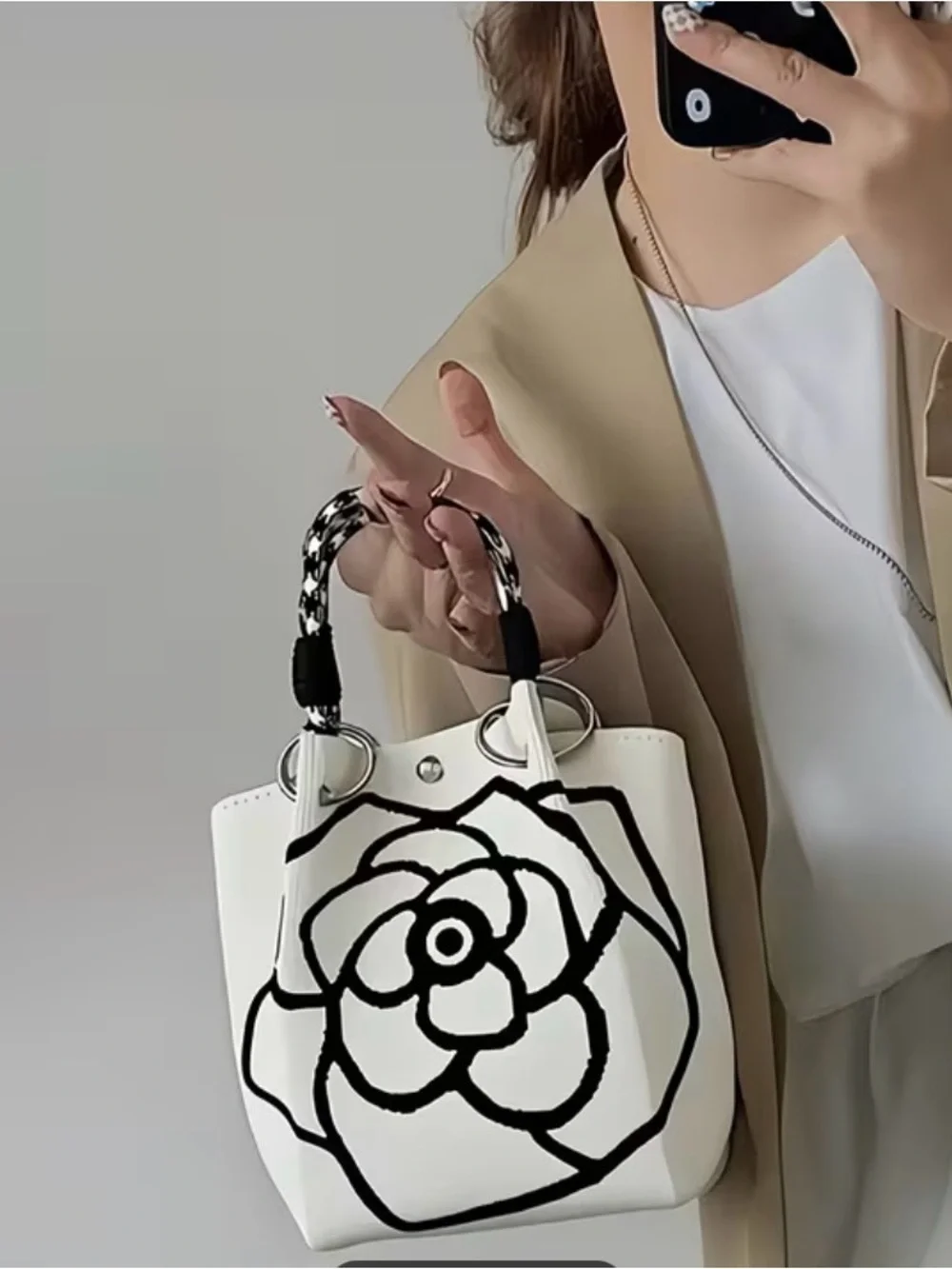 Black & White Floral Tote Bag with Braided Handles